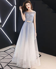 Blue Round Neck Tulle Long Prom Dress, Blue Tulle Evening Dress