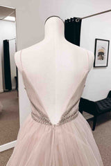 Blushing Pink A-line Plunging V Neck Tulle Long Prom Dress with Beaded Sash