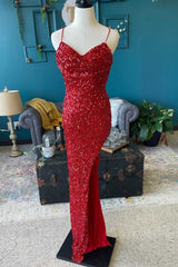 Red Sequin Cowl Neck Lace-Up Back High-Low Prom Dress