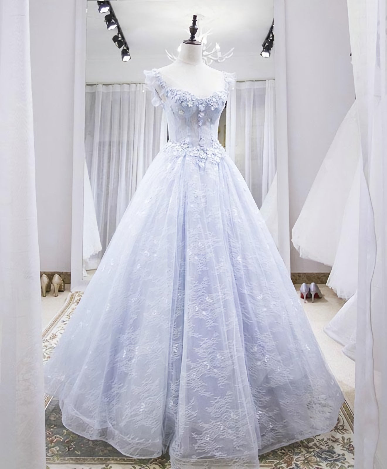 Light Blue Tulle Lace Long Prom Dress, Blue Evening Dress