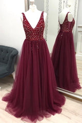 V-Neck Beaded Long Tulle Burgundy Prom Dress