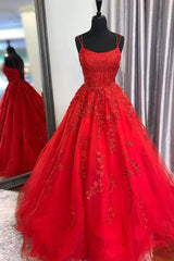 Princess Straps Long Prom Dress with Lace Appliques