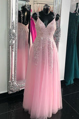 Princess Pink Tulle Long Prom Dress with Appliques