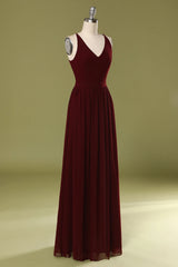 Sheath V Neck Burgundy Bridesmaid Dress with Lace Back