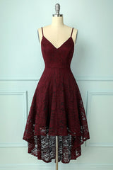 Spaghetti Strap High-Low Burgundy Lace Bridesmaid Dress