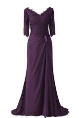 V-Neck Half Sleeve Plum Mother of Bridal Dress