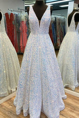 Princess A-line White Sequined Long Formal Dress