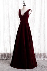 Burgundy V-Neck Velvet Formal Dress