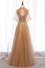 A-Line Beaded Champagne Tulle Bridesmaid Dress