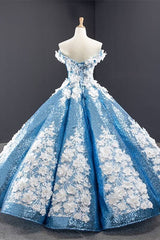 Off the Shoulder Blue and White Ball Gown