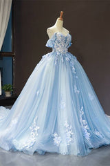 Off the Shoulder Blue Tulle and White Lace Appliques Ball Gown