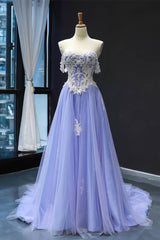 Off the Shoulder Lavender and Lace Appliques Long Formal Dress