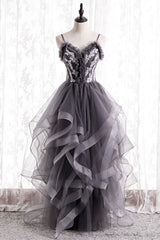 Spaghetti Straps Dark Grey Tiered Long Formal Dress