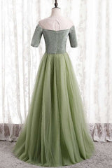 Short Sleeves Sage Green Long Formal Dress