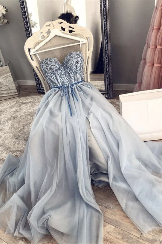 A-Line Grey Beaded Top Prom Dress with Slit