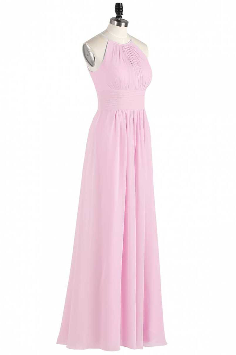 Pink Chiffon Halter Sleeveless A-Line Long Bridesmaid Dress