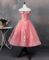 Pink Tulle Lace Off Shoulder Short Prom Dress, Pink Homecoming Dress