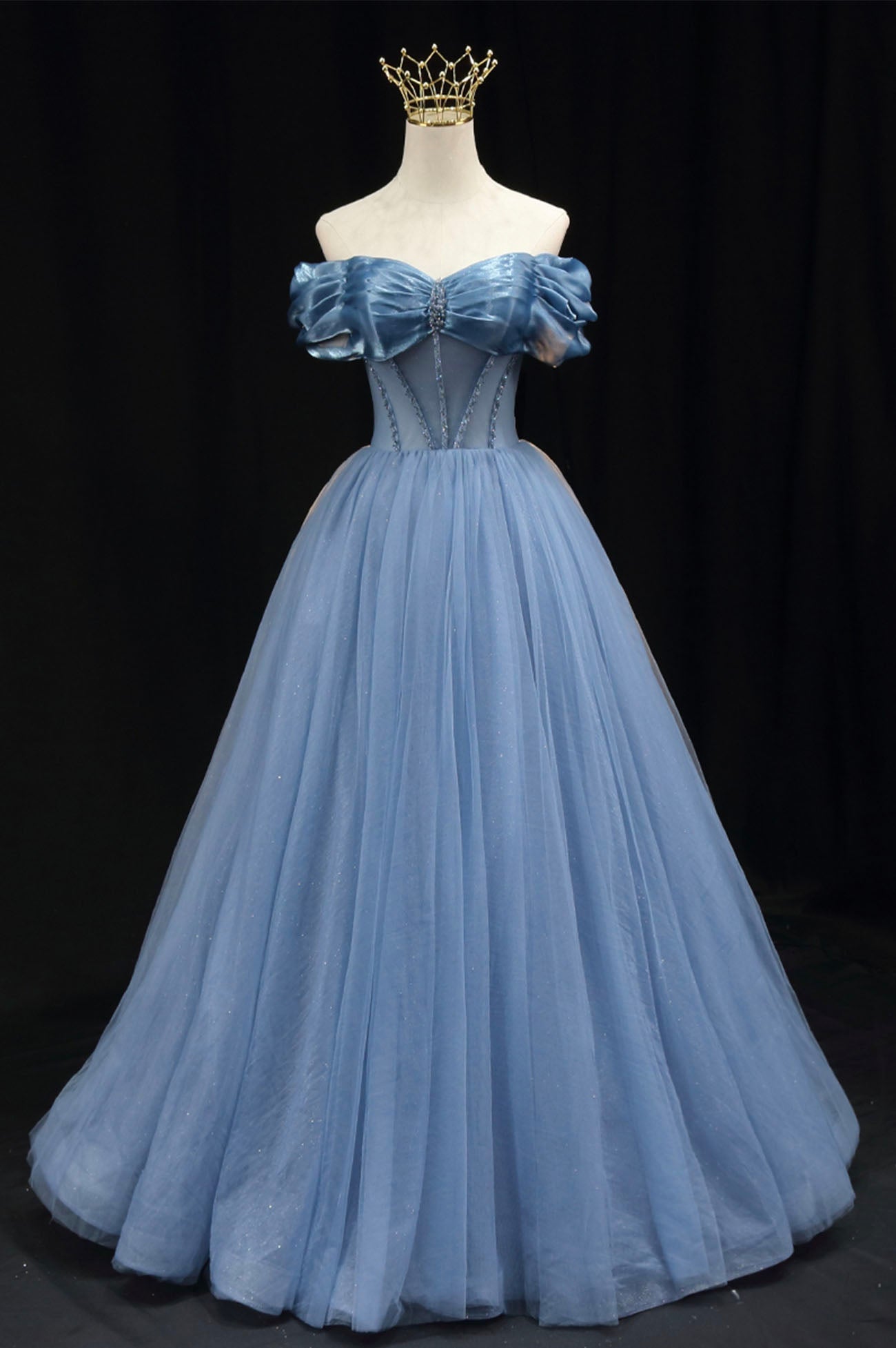 Blue Tulle Beaded Long Prom Dress, Elegant A-Line Blue Evening Dress