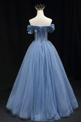 Blue Tulle Beaded Long Prom Dress, Elegant A-Line Blue Evening Dress