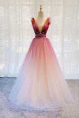 A-Line Burgundy V Neck Tulle Sequin Long Prom Dress Burgundy Evening Dress