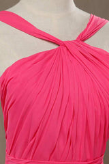 Neon Pink Halter Knee Length Bridesmaid Dress