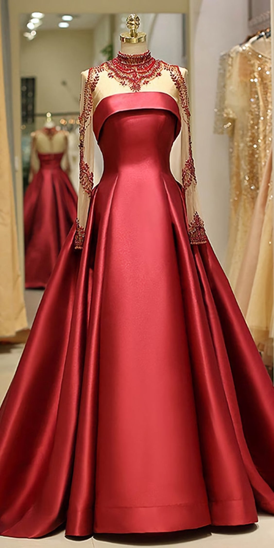 Brilliant Satin High Collar Floor Length A Line Evening Dress With Beadings C0510