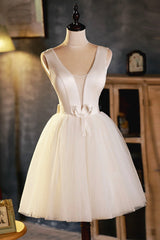 Champagne V-Neck Tulle Short Prom Dress, A-Line Evening Party Dress