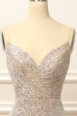 Silver Sequins Long Prom Dress with Slit