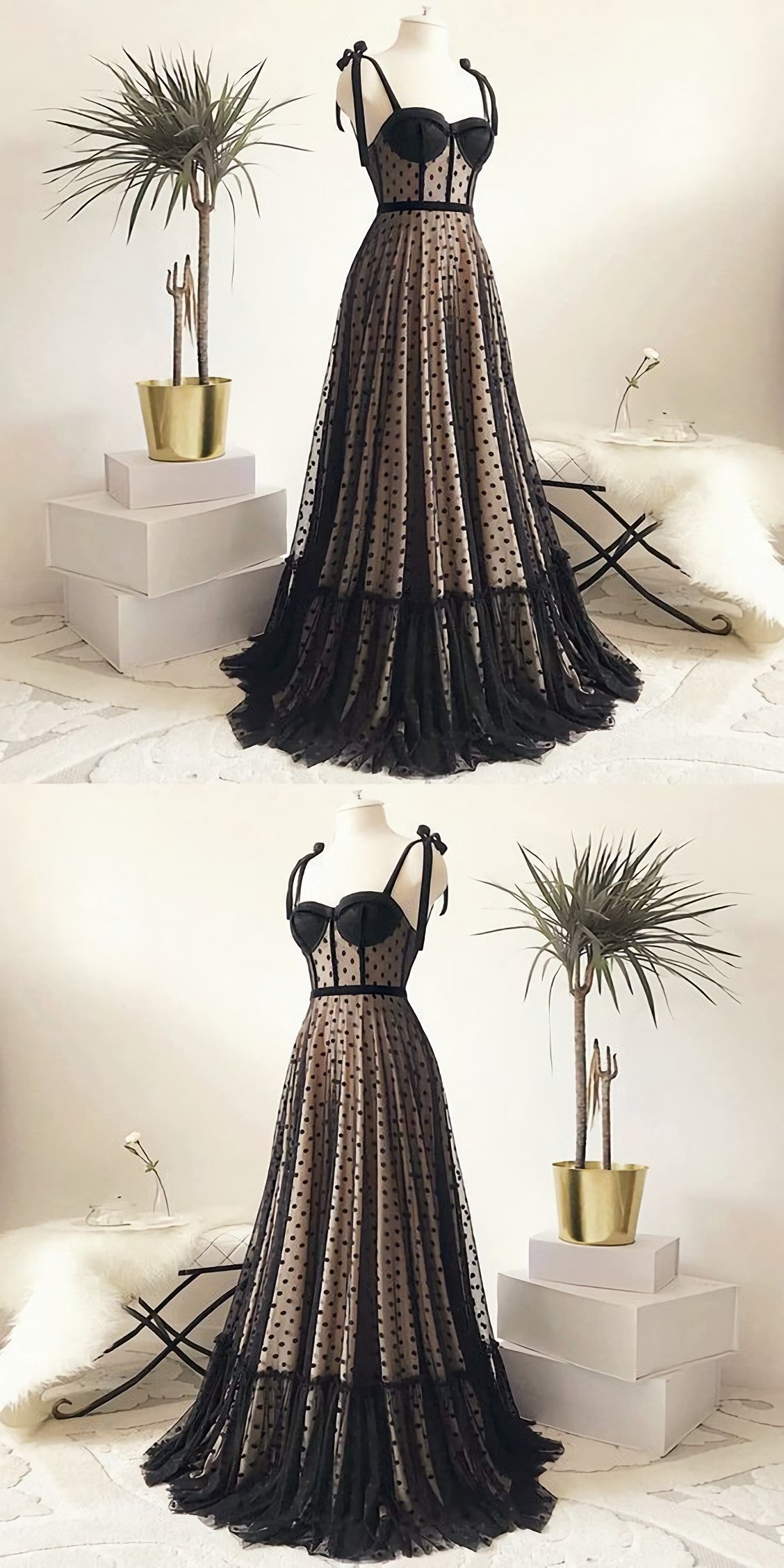 Vintage Polka Dots Spaghetti Straps Black Long Prom Dress