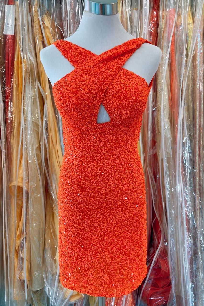 Orange Sequins Cross Front Bodycon Mini Party Dress