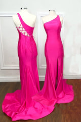 One Shoulder Hot Pink Mermaid Long Formal Dress