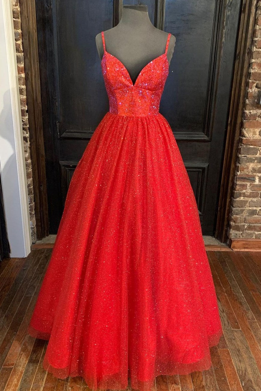 Sraps A-line Red Shiny Tulle Prom Gown