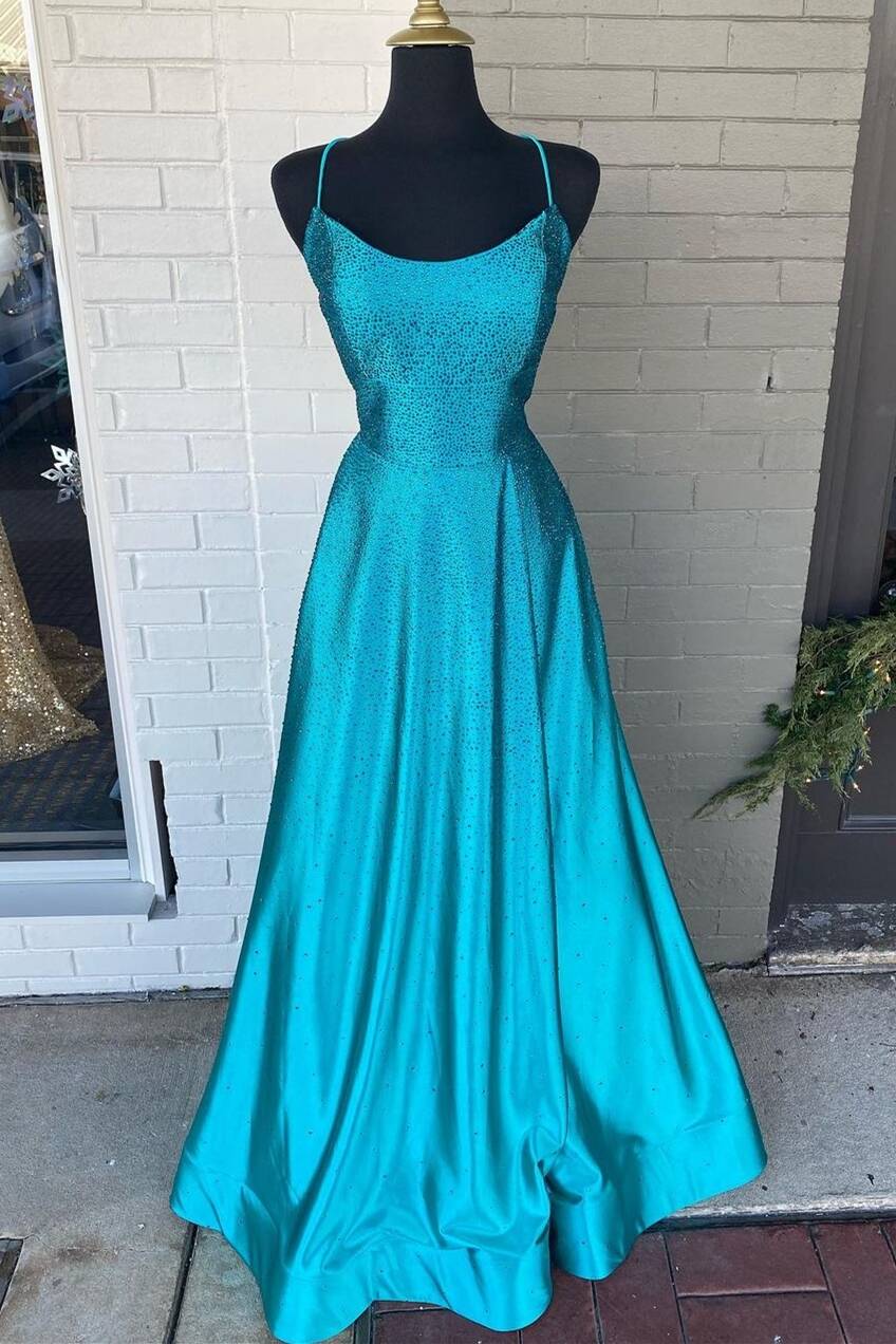 Spaghetti Straps Beaded Teal Blue A-line Long Formal Dress