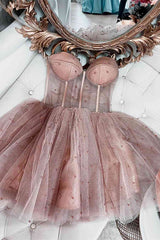 A-line Dusty Rose Sleeveless Tulle Short Homecoming Dresses