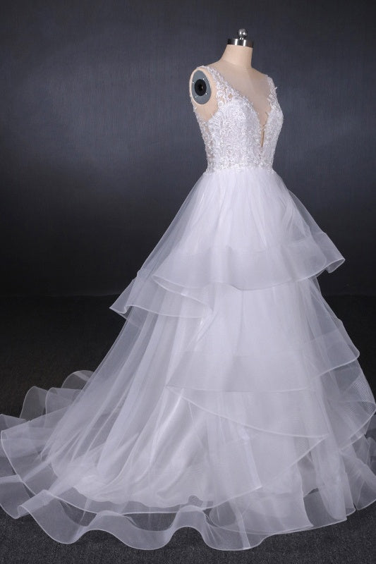 Charming V-neck Lace Wedding Dresses Elegant Backless Wedding Gowns