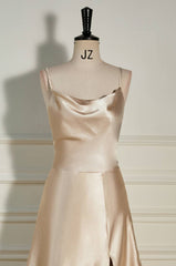 Champagne Cowl Neck Straps A-line Satin Long Dress with Slit