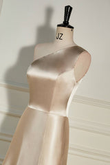 Champagne One Shoulder A-line Satin Long Dress with Slit