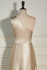 Champagne One Shoulder A-line Satin Long Dress with Slit