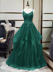 A-Line Tulle With Lace Applique Straps Long Party Dress, Green Tulle Prom Dress