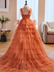 Unique High Neck Tulle Long Prom Dresses, Orange Formal Evening Dresses