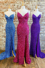 Mermaid Purple Sequin Long Prom Dress with Slit