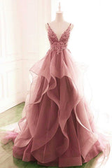 Princess Dark Pink Tulle Long With Lace Ruffle A Line Prom Dresses