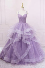 Princess Lavender Sparkly Spaghetti Straps Long Prom Dress Floor Length Evening Gown