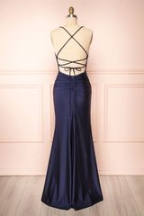 Sexy Mermaid Halter Sleeveless Navy Blue Long Prom Dresses