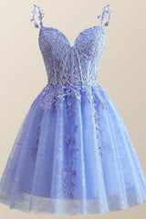 Straps Periwinkle Lace Appliques A-line Short Dress