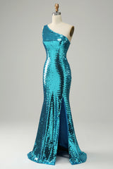 Sparkly Blue Sequins One Shoulder Long Prom Dress With Slit