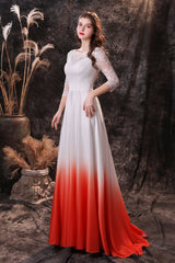 A Line 3/4 Sleeve Ombre Silk Like Satin Sweep Train Prom Dresses