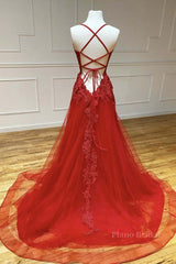 A Line Backless Red Lace Long Prom Dress, Long Red Lace Formal Dress, Red Evening Dress