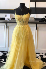 A Line Backless Yellow Lace Floral Long Prom Dress with High Slit, Open Back Yellow Lace Formal Dress, Yellow Lace Evening Dress