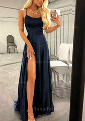 A Line Bateau Spaghetti Straps Sweep Train Charmeuse Prom Dress With Split